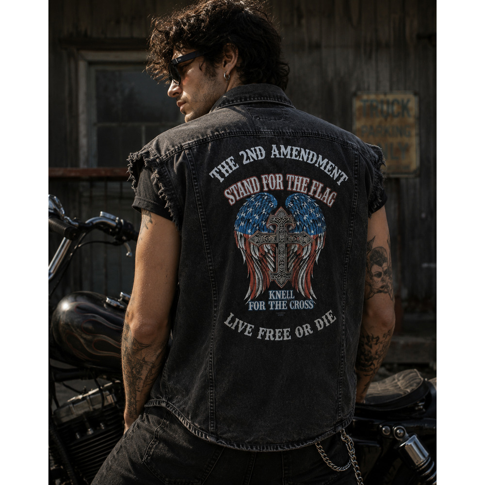 Vintage Style Black Sleeveless Denim Vest Biker Punk Thrashed Grunge Rocker L